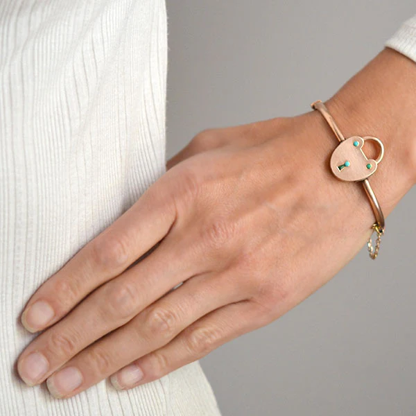 Victorian 14kt Rose Gold & Turquoise Padlock Bangle Bracelet - Image 6