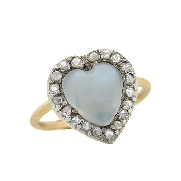 Art Nouveau 14k/Silver Moonstone & Diamond Heart Ring - Image 5