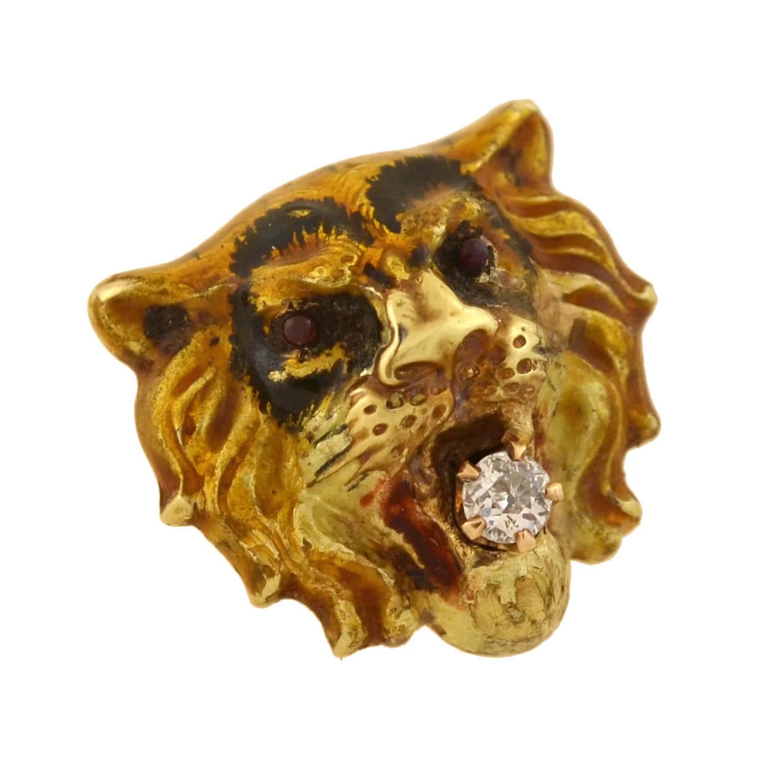 Victorian 15kt Enamel + Diamond Tiger Head Pendant - Image 2