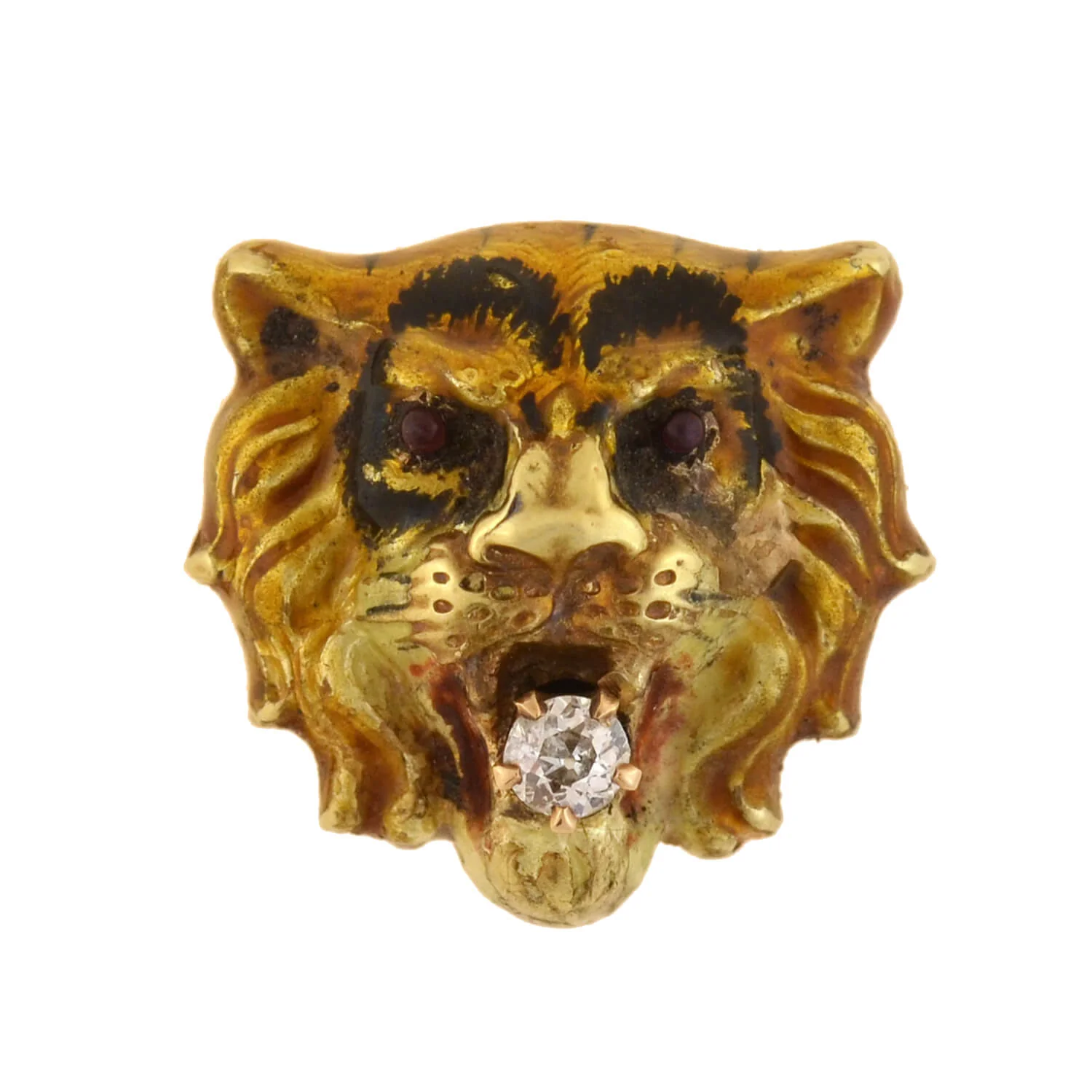 Victorian 15kt Enamel + Diamond Tiger Head Pendant - Image 3