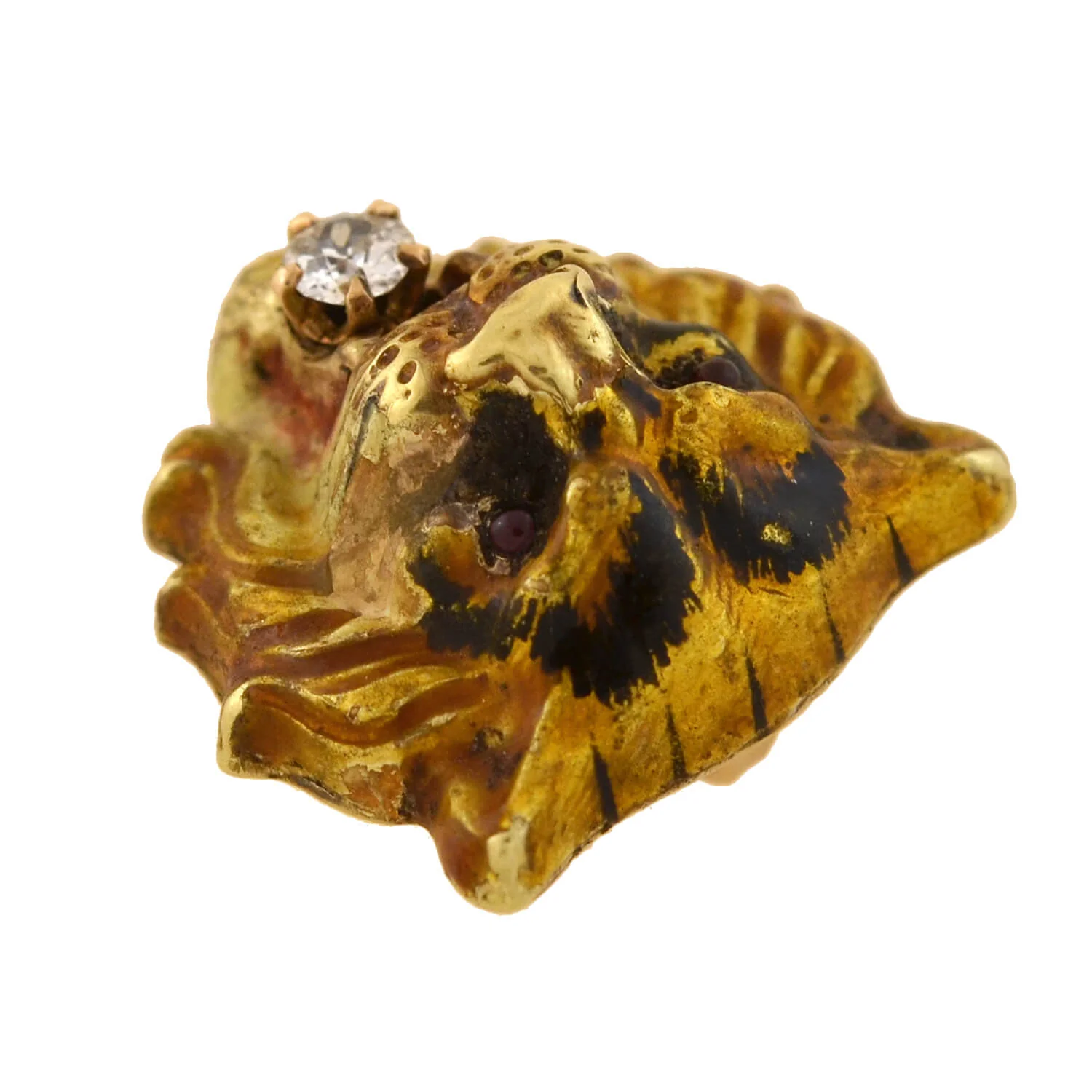 Victorian 15kt Enamel + Diamond Tiger Head Pendant - Image 5
