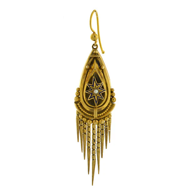 Victorian 15kt Pearl Enameled Starburst Foxtail Fringe Earrings - Image 2