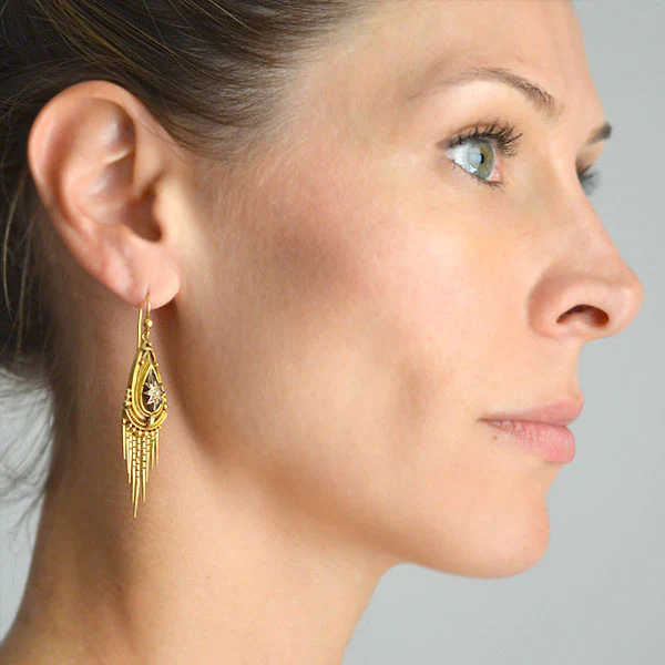 Victorian 15kt Pearl Enameled Starburst Foxtail Fringe Earrings - Image 6