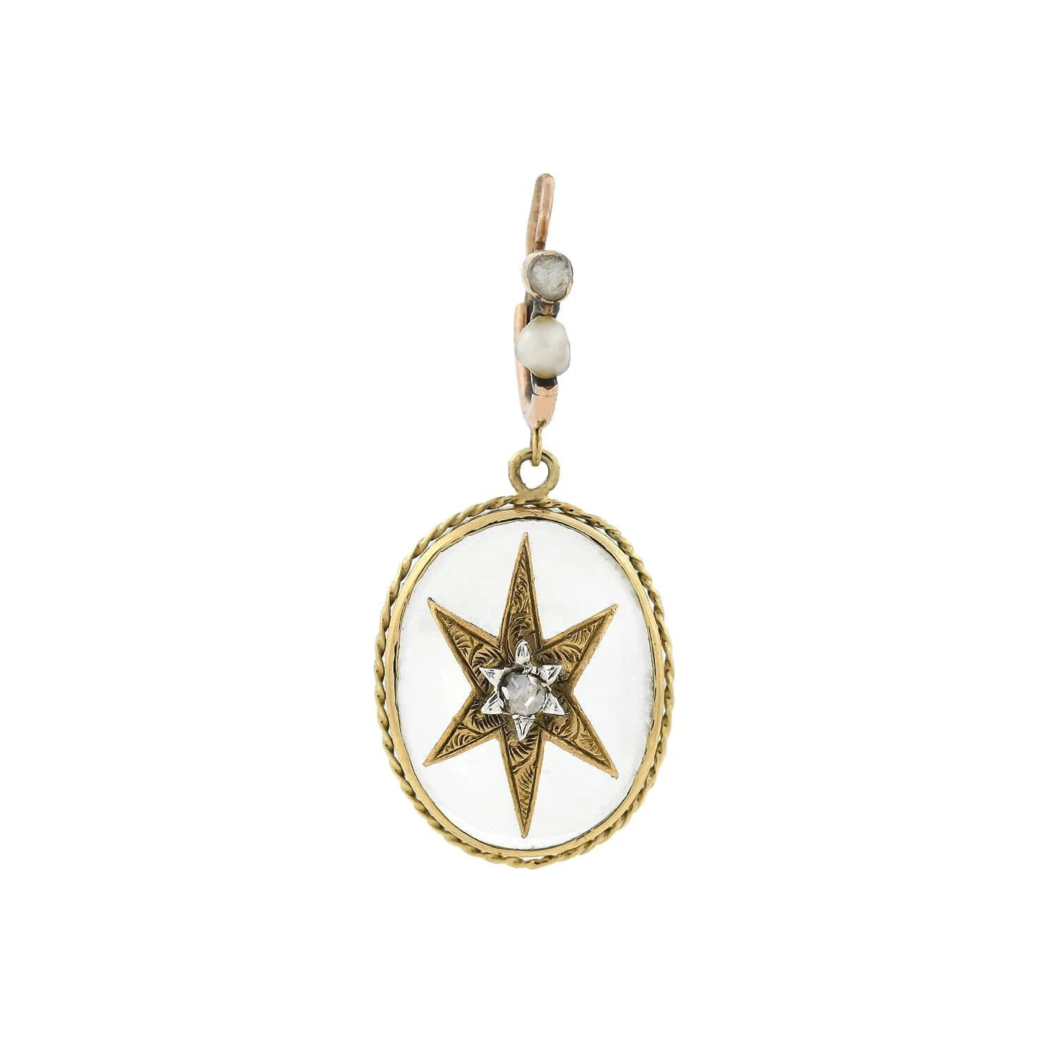 Victorian 15kt Rock Crystal, Diamond + Pearl Star Motif Earrings - Image 3