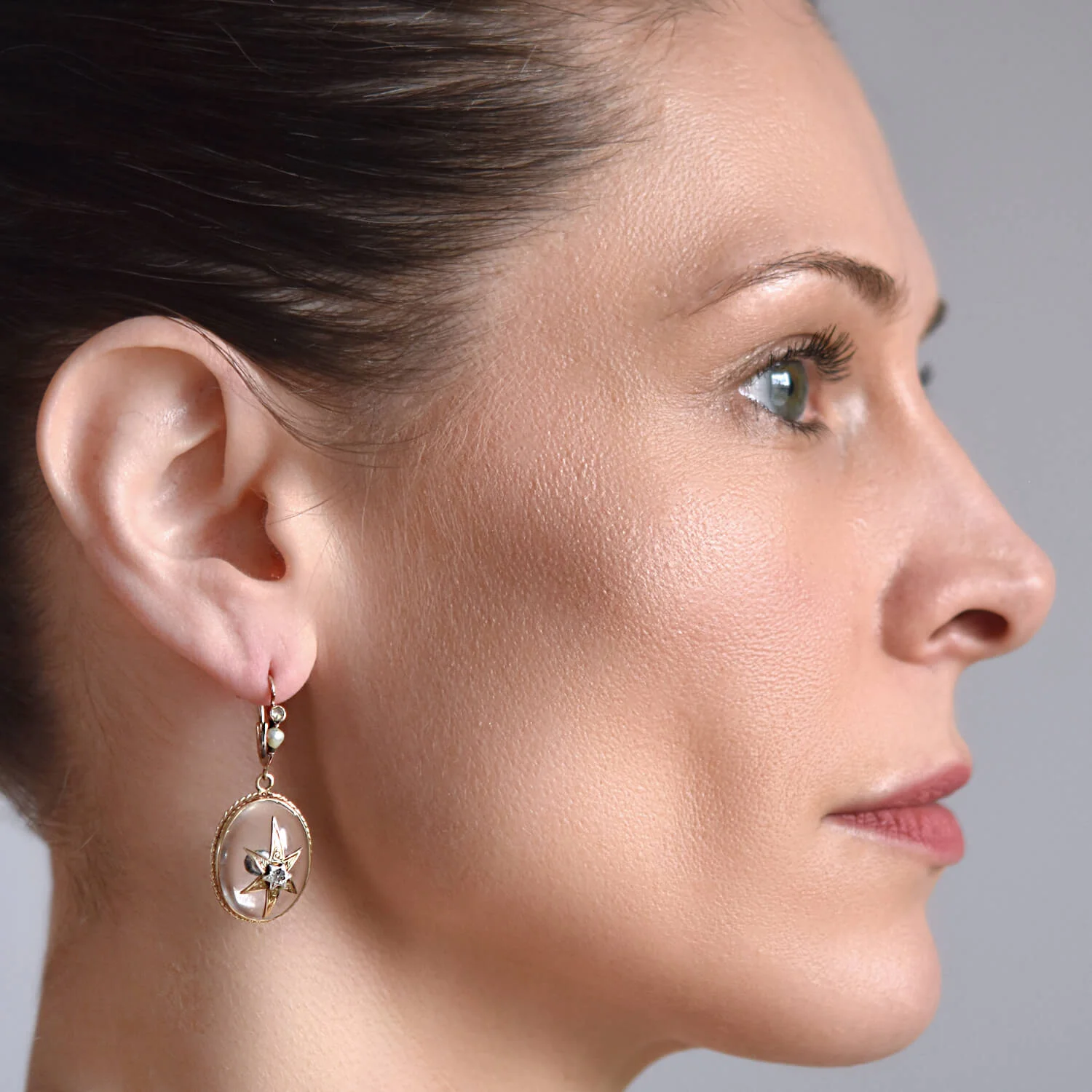 Victorian 15kt Rock Crystal, Diamond + Pearl Star Motif Earrings - Image 7