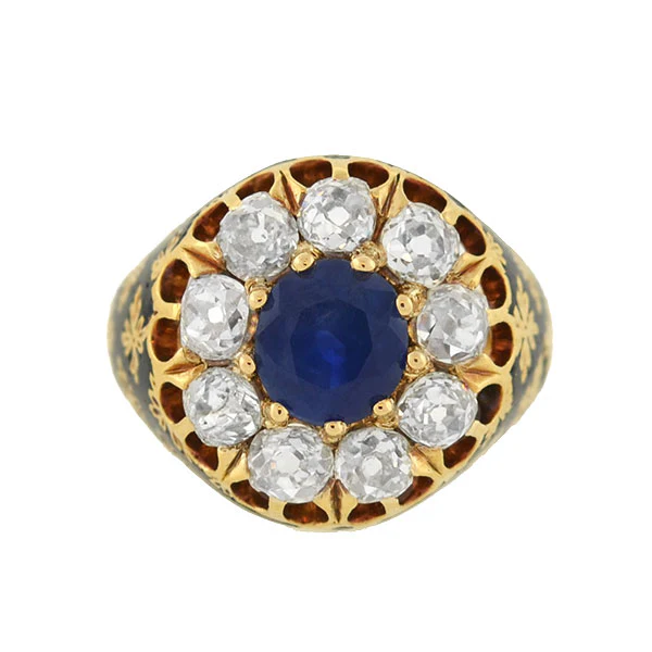 Victorian 18kt Sapphire & Diamond Enameled Cluster Ring 1.25ct center - Image 3