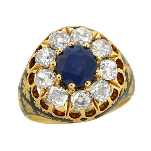 Victorian 18kt Sapphire & Diamond Enameled Cluster Ring 1.25ct center - Image 5