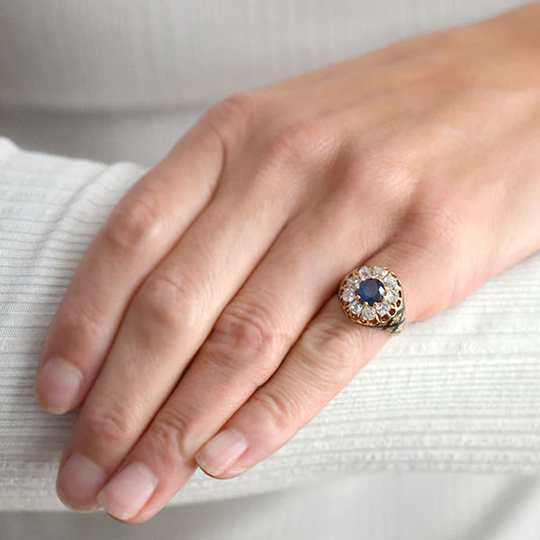 Victorian 18kt Sapphire & Diamond Enameled Cluster Ring 1.25ct center - Image 6