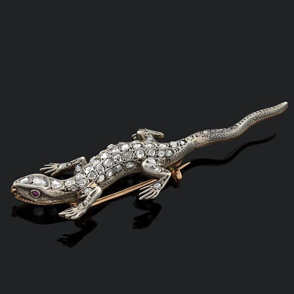 Victorian 18kt Sterling Rose Cut Diamond Salamander Pin 1ctw - Image 3