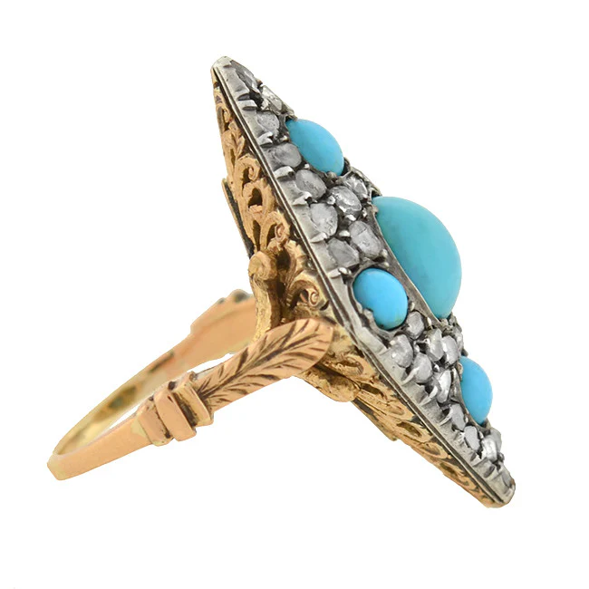 Victorian 18kt & Sterling Turquoise & Rose Cut Diamond Ring - Image 2