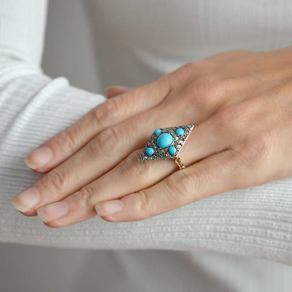 Victorian 18kt & Sterling Turquoise & Rose Cut Diamond Ring - Image 7