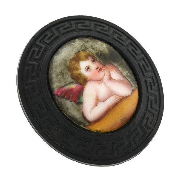 Victorian Carved Jet Painted Porcelain Cherub Pin - Image 2