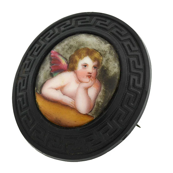Victorian Carved Jet Painted Porcelain Cherub Pin - Image 3