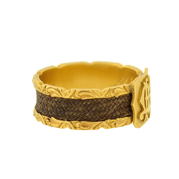 Victorian English 18kt Enamel & Woven Hair Mourning Ring - Image 2