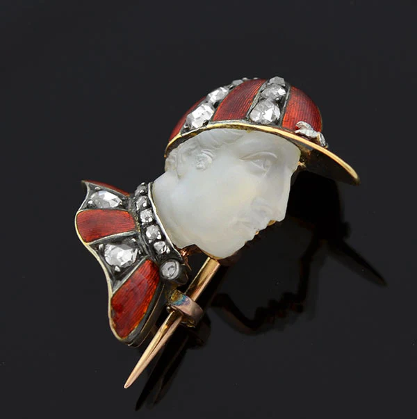 Victorian French 18kt Enamel Diamond & Moonstone "Fred Archer" Jockey Pin - Image 3