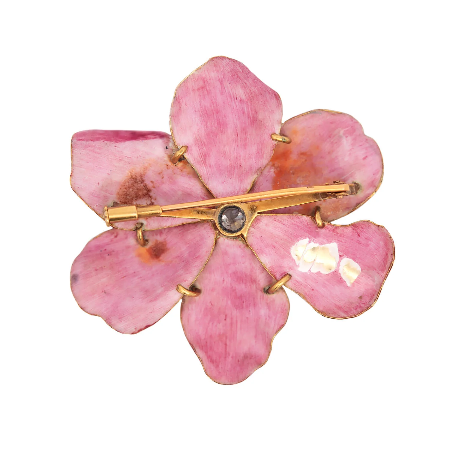Victorian French 18kt Pink Enamel & Diamond Flower Pin - Image 4