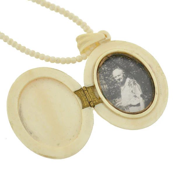 Victorian Hand Carved Ivory Locket and Bead Necklace - Image 4
