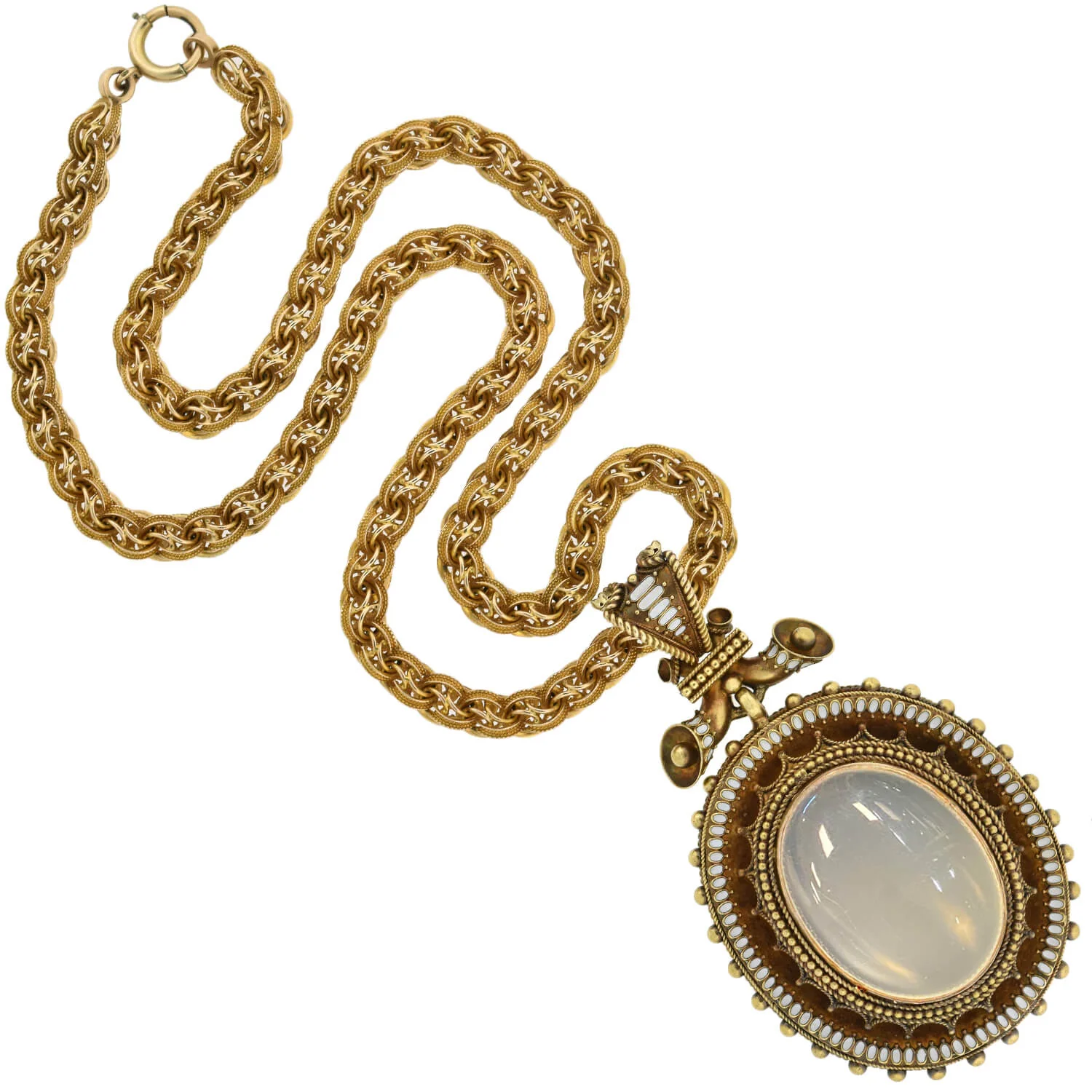 Victorian Large 18kt Enameled + Moonstone Pendant Necklace - Image 2