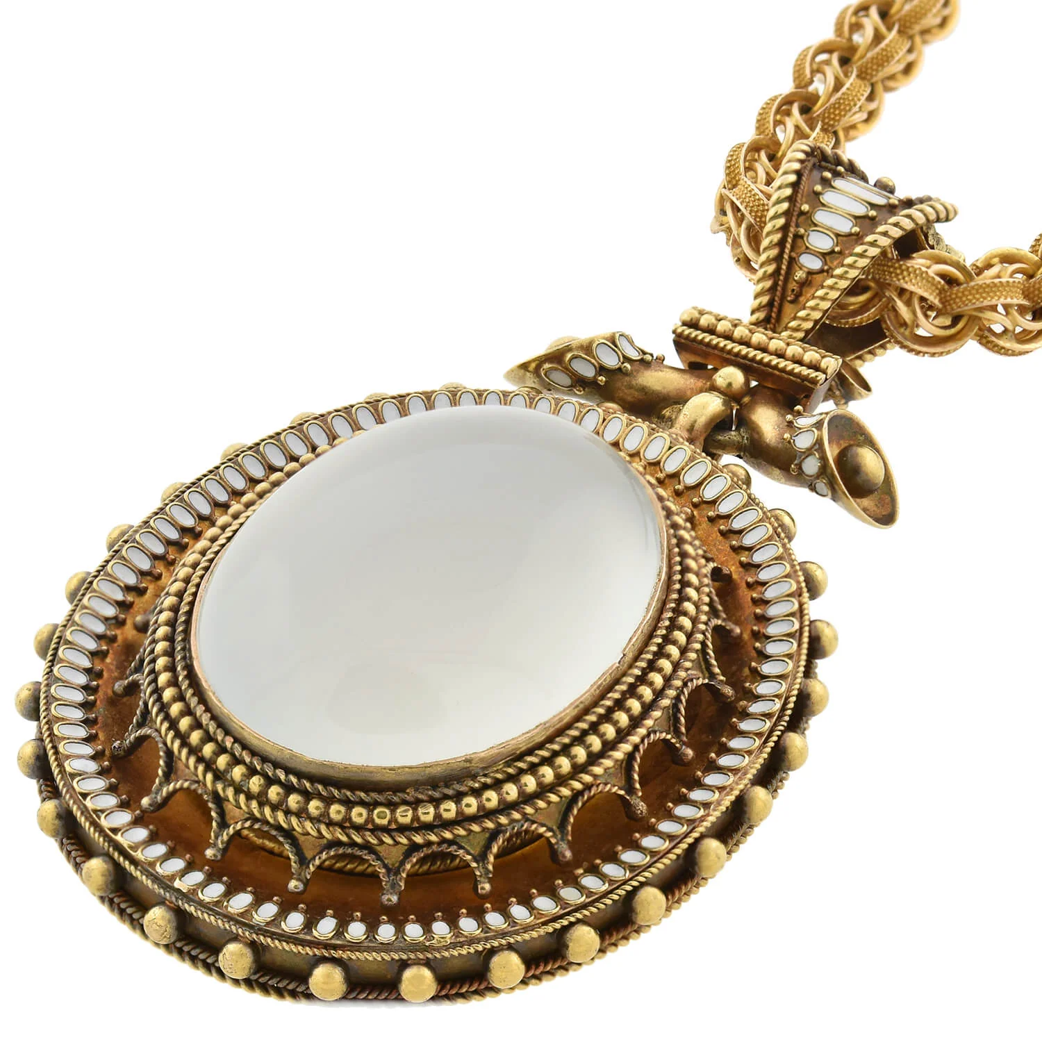 Victorian Large 18kt Enameled + Moonstone Pendant Necklace - Image 3