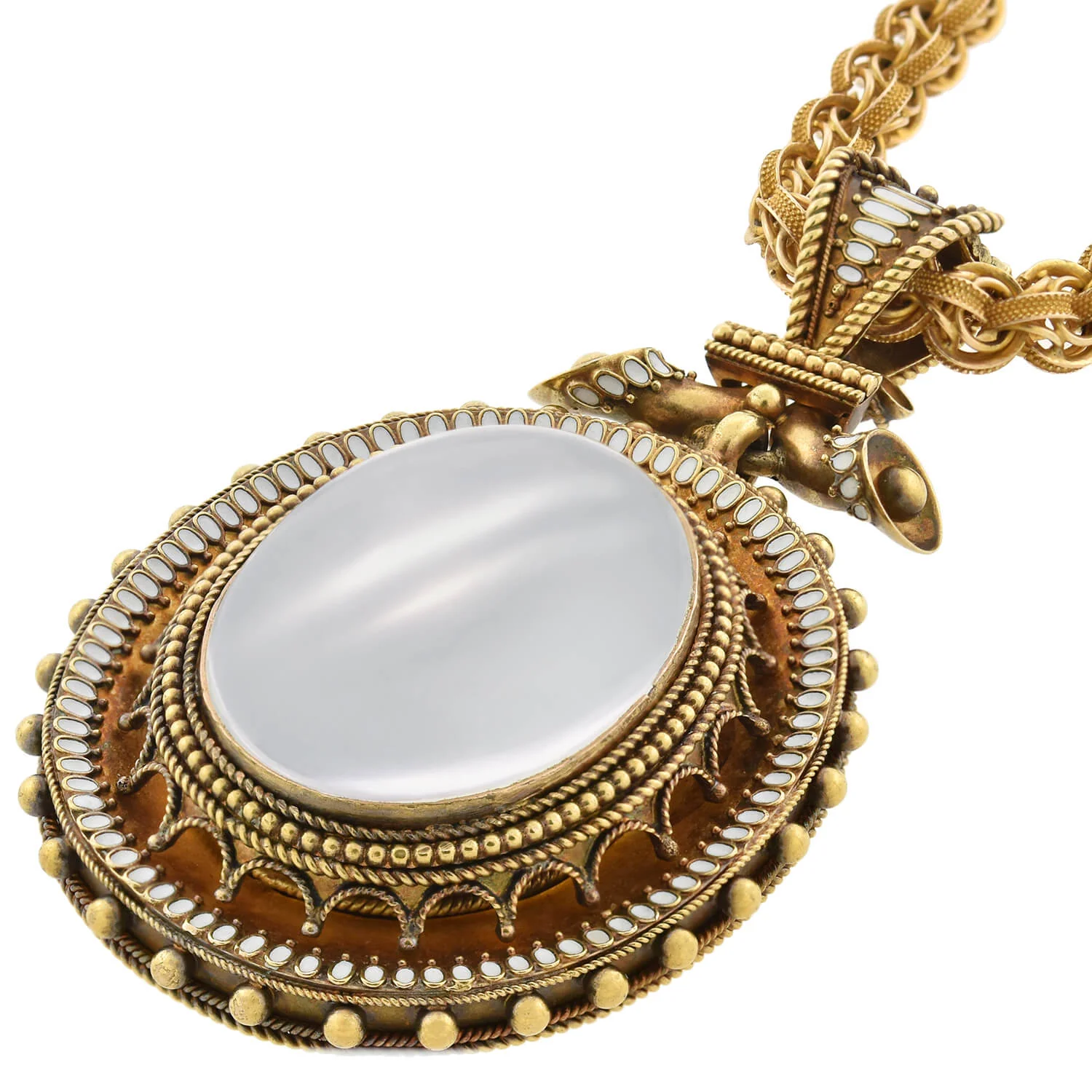 Victorian Large 18kt Enameled + Moonstone Pendant Necklace - Image 6