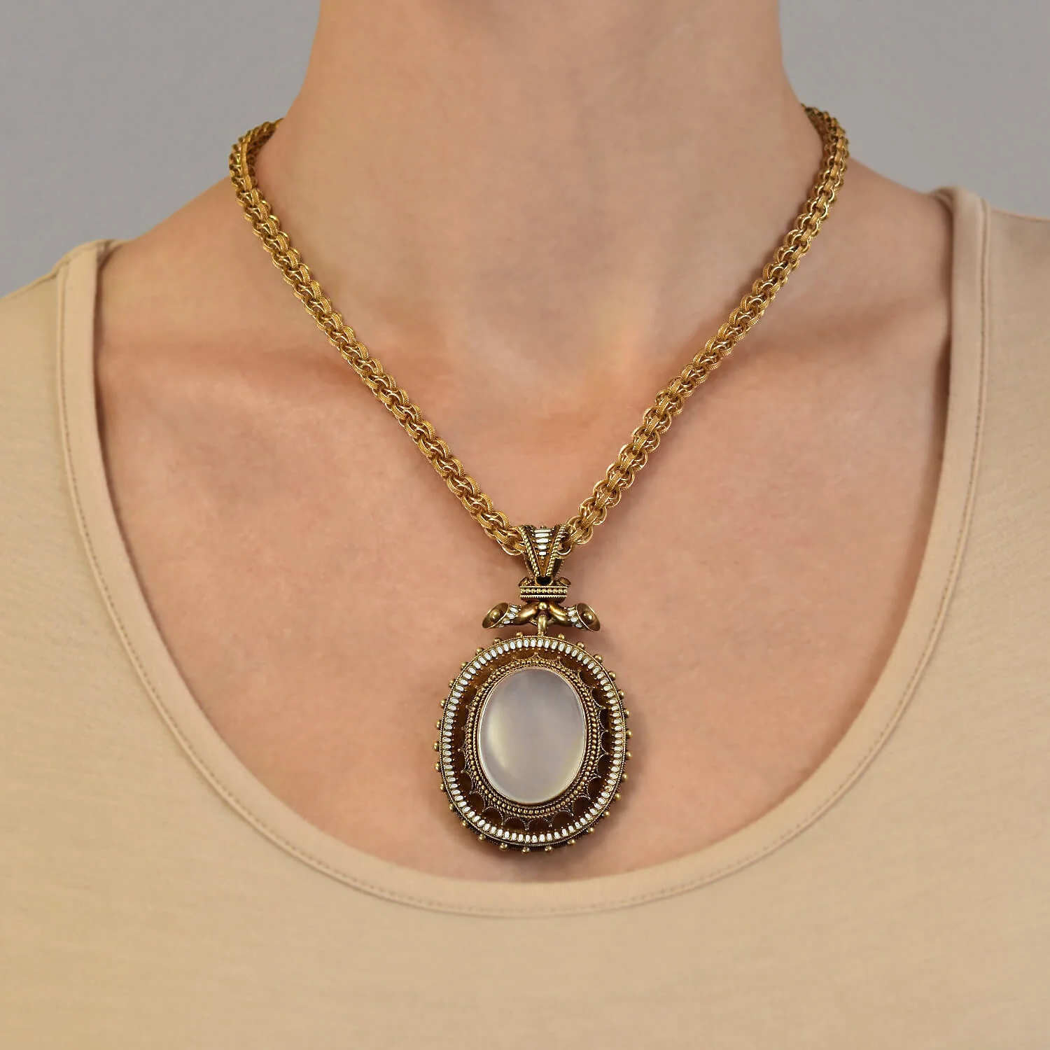 Victorian Large 18kt Enameled + Moonstone Pendant Necklace - Image 7