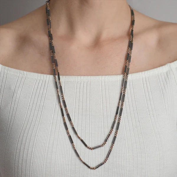 Victorian Long Niello Striped Double Bar Link Chain 56" - Image 7
