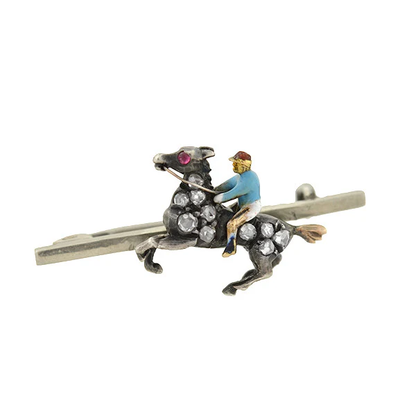 Victorian Petite Silver Diamond & Enamel Horse & Jockey Pin - Image 2