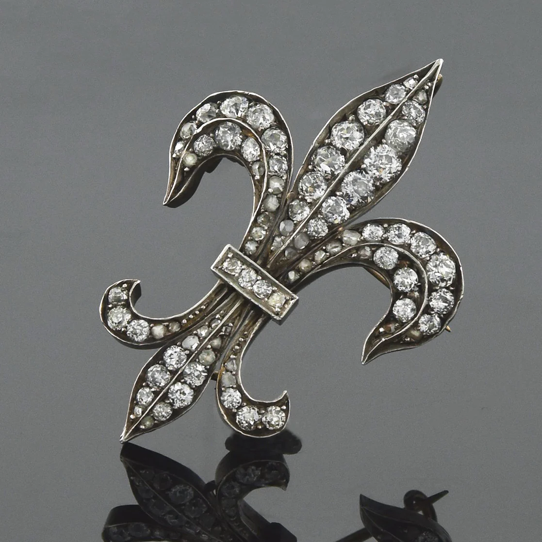 Victorian Russian Large Sterling/18kt Diamond Fleur De Lys Pin/Pendant 2.20ctw - Image 2