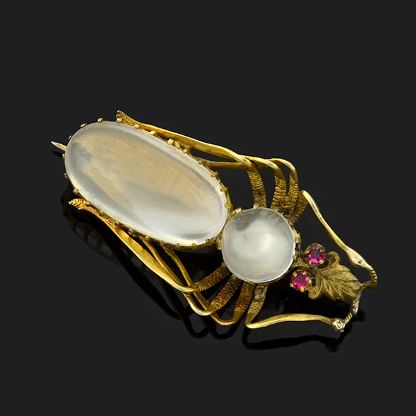 Victorian Silver Gilt Moonstone & Pink Sapphire Bug Pin - Image 2