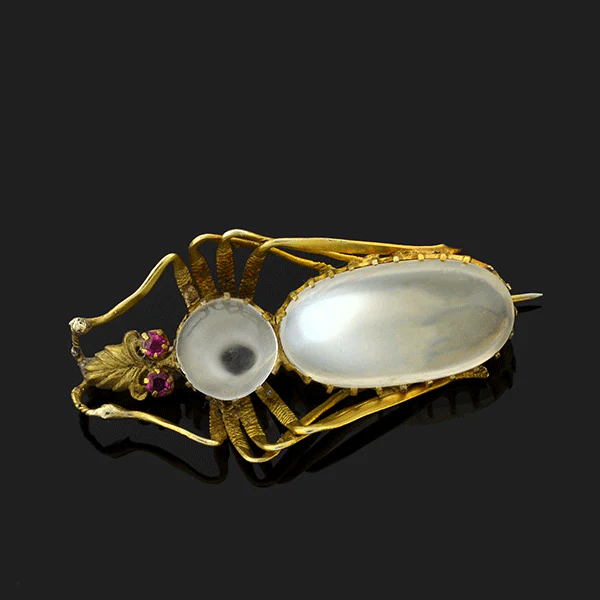 Victorian Silver Gilt Moonstone & Pink Sapphire Bug Pin - Image 3