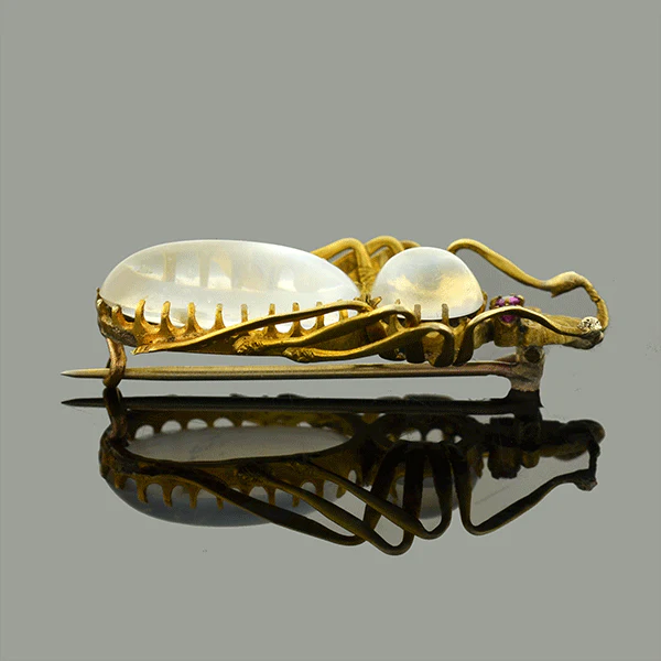 Victorian Silver Gilt Moonstone & Pink Sapphire Bug Pin - Image 4