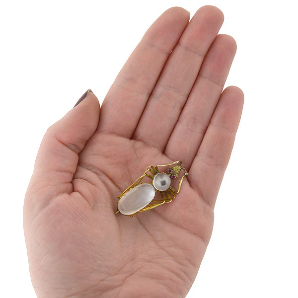 Victorian Silver Gilt Moonstone & Pink Sapphire Bug Pin - Image 5