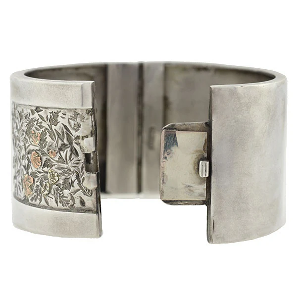 Victorian Silver Mixed Metals Floral Motif Bangle Bracelet - Image 4