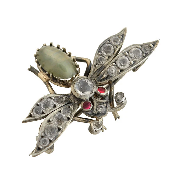 Victorian Sterling Cat's Eye Chrysoberyl + French Paste Bug Pin - Image 2