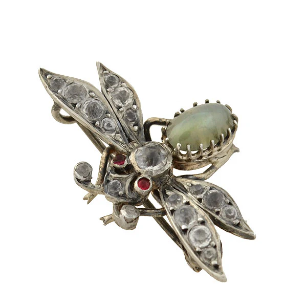 Victorian Sterling Cat's Eye Chrysoberyl + French Paste Bug Pin - Image 3