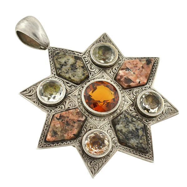 Victorian Sterling Citrine Paste & Granite Starburst Pendant - Image 2