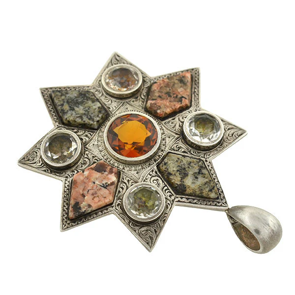 Victorian Sterling Citrine Paste & Granite Starburst Pendant - Image 3
