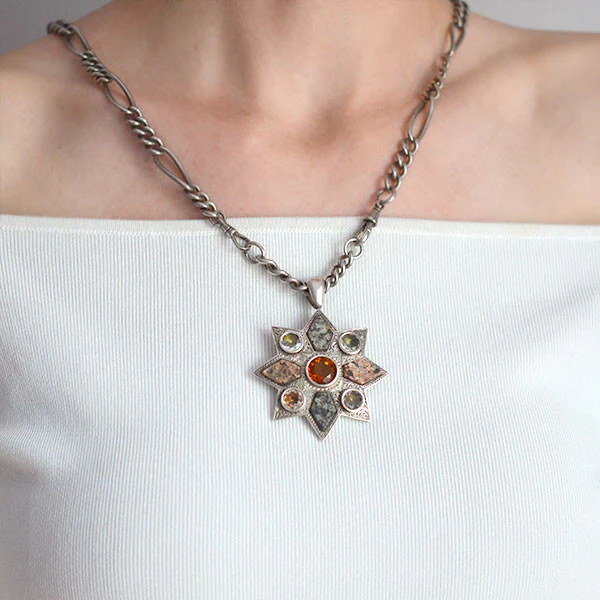 Victorian Sterling Citrine Paste & Granite Starburst Pendant - Image 6