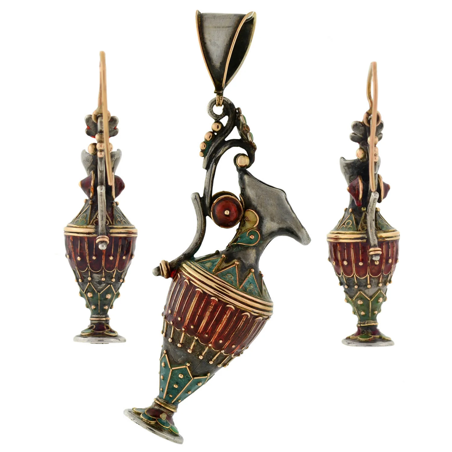 Victorian Sterling Enameled Etruscan Urn Earring + Pendant Set - Image 8