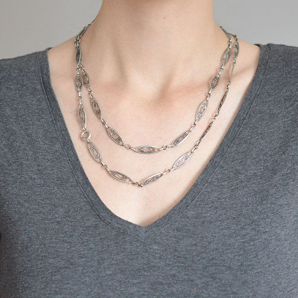 Victorian Sterling Silver Filigree Muff Chain 42" Long - Image 8