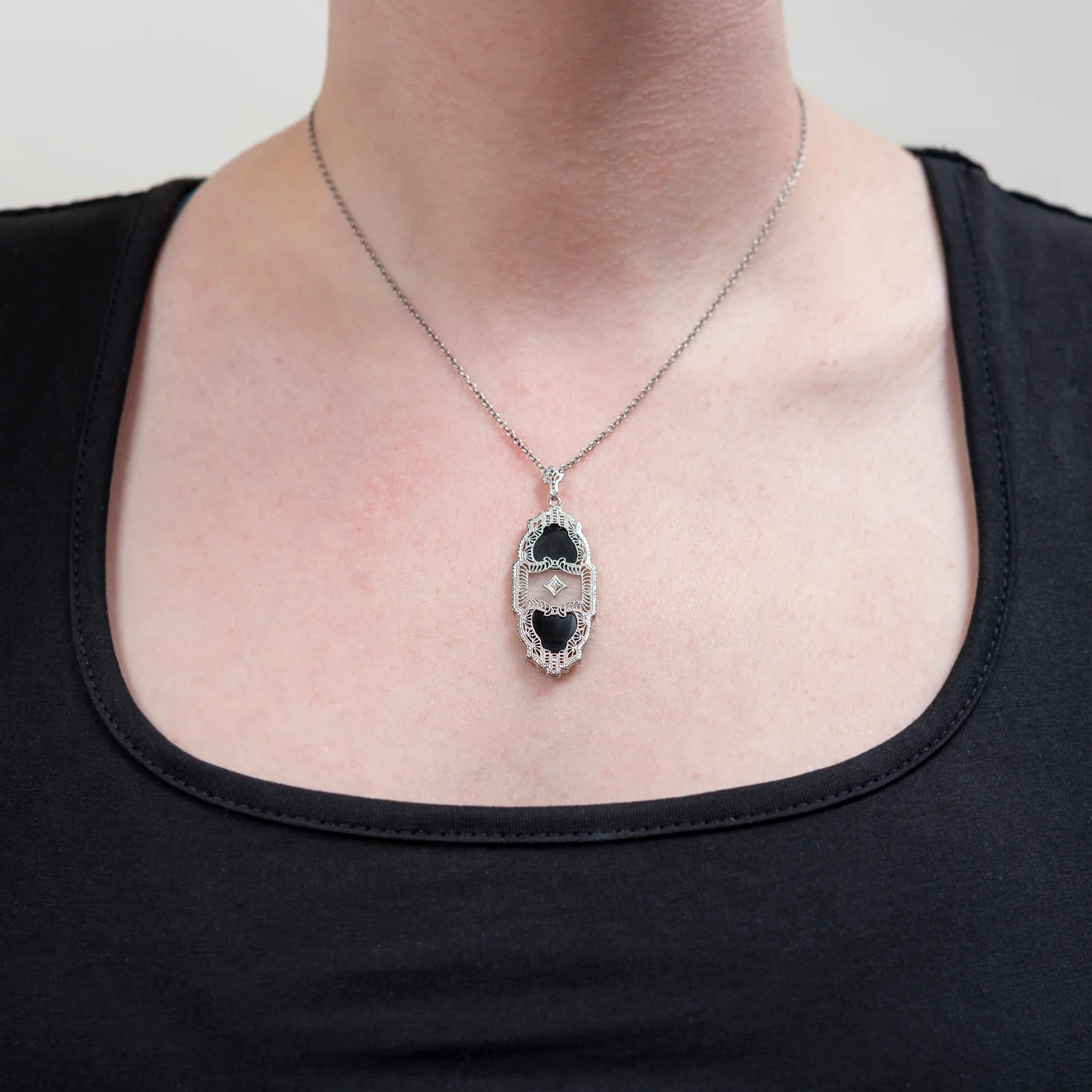 Art Deco 10K Diamond + Onyx Filigree Pendent - Image 5