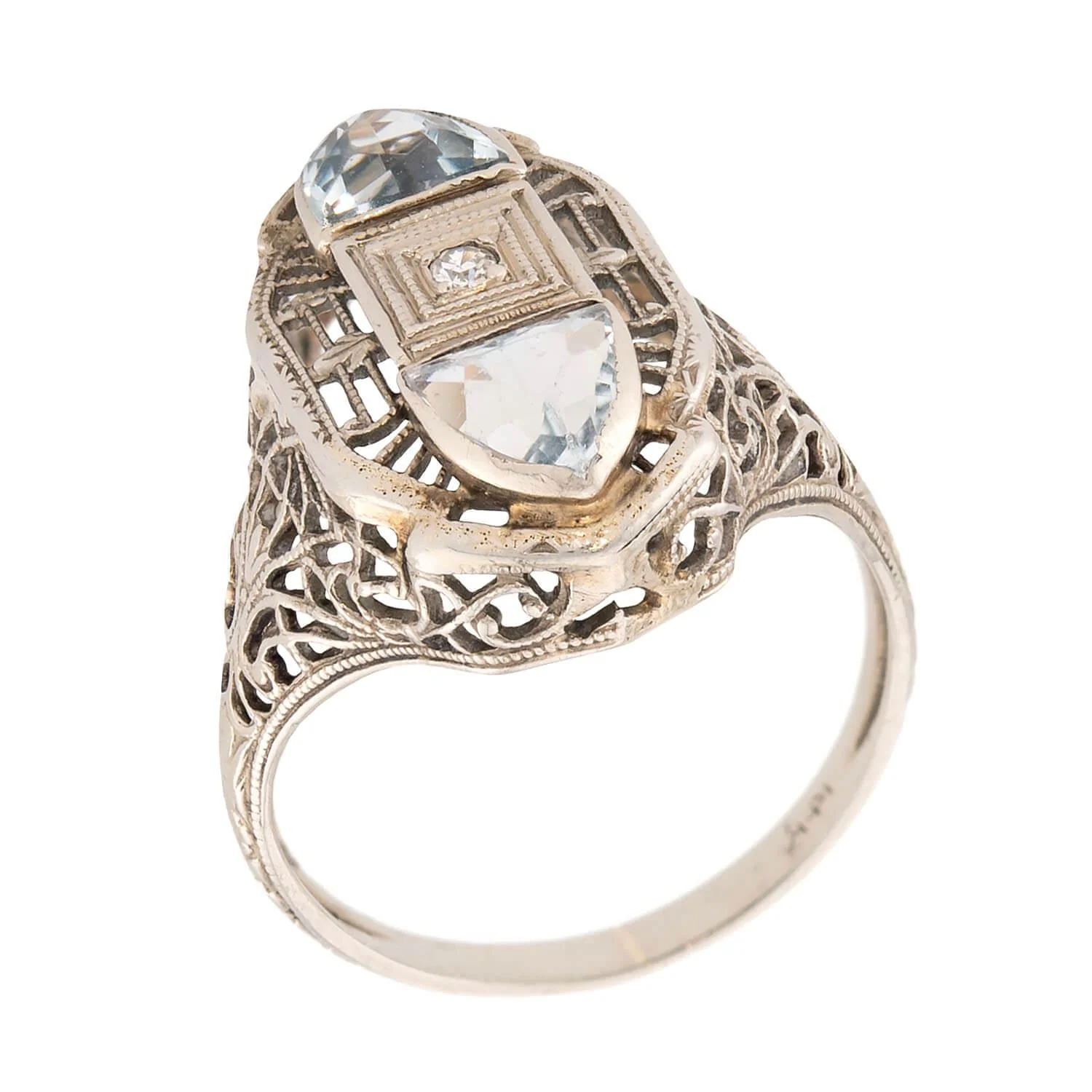 Art Deco 14k Aqua & Diamond Navette Ring - Image 2