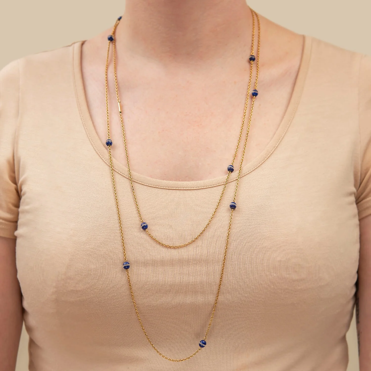 Art Deco 14k Chain Necklace with Lapis & Crystal Beads 61" - Image 5