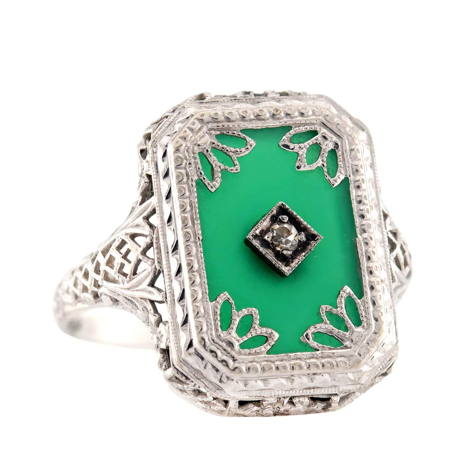 Art Deco 14k Chrysoprase and Diamond Ring - Image 2