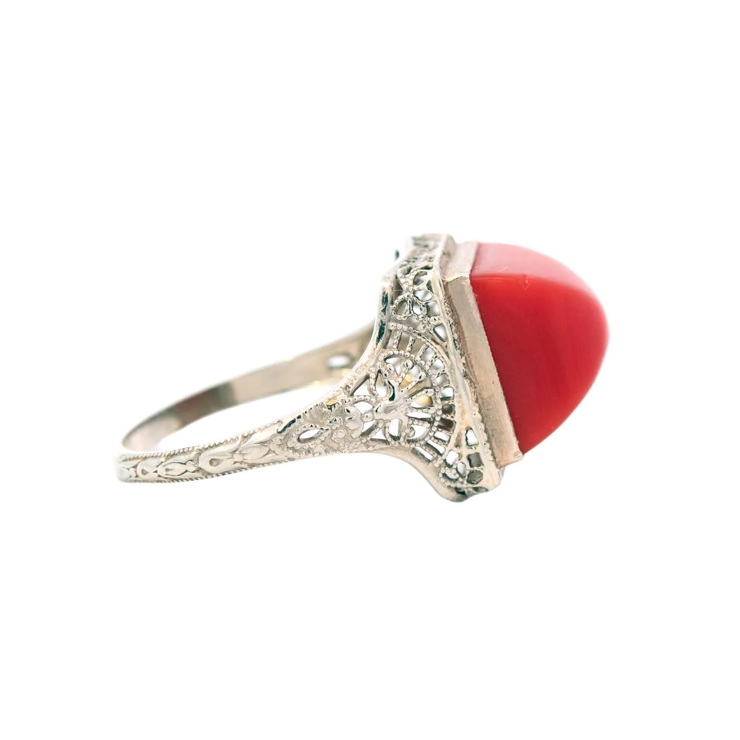 Art Deco 14k Coral Bullet Cabochon Ring - Image 3