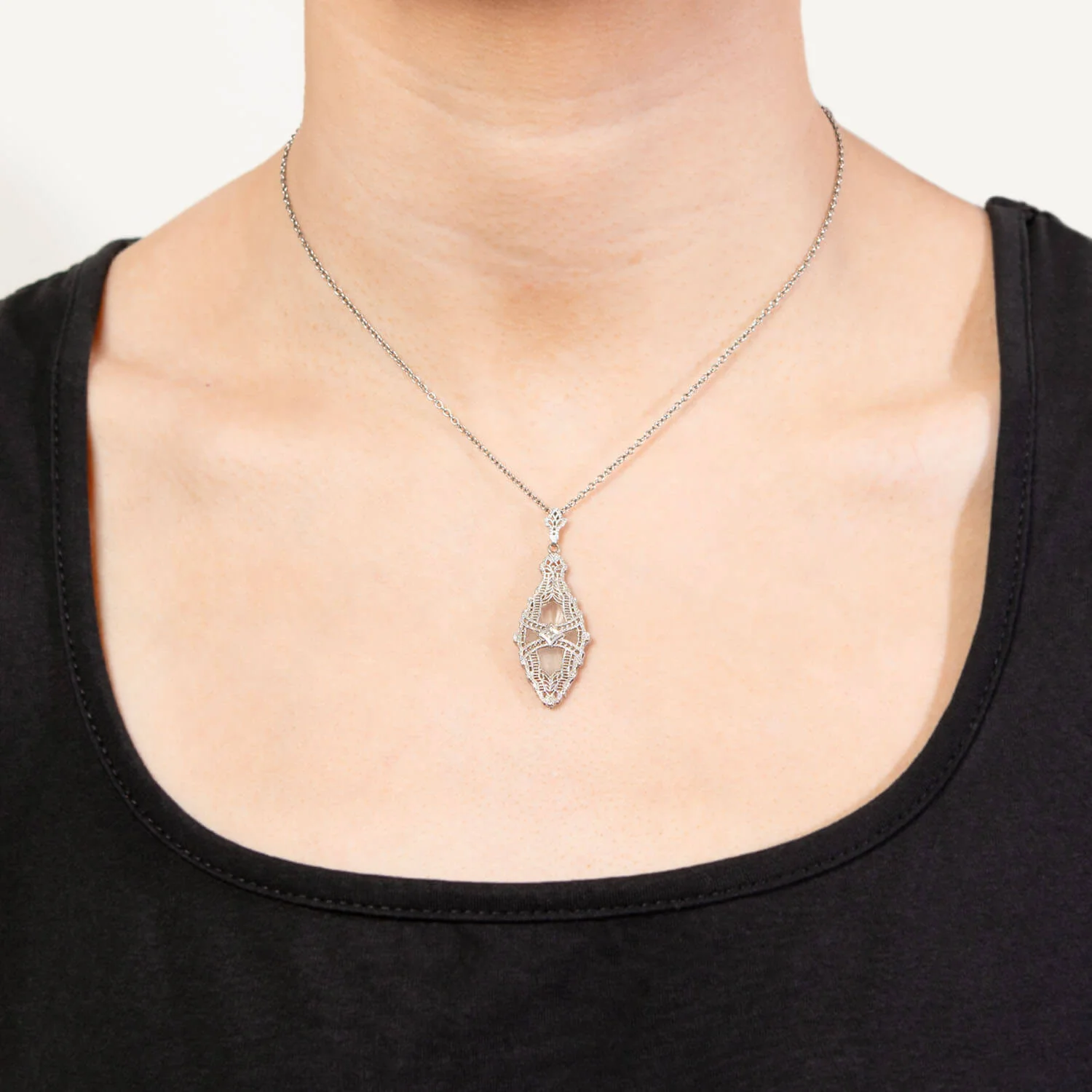 Art Deco 14k Diamond and Crystal Filagree Pendant - Image 4
