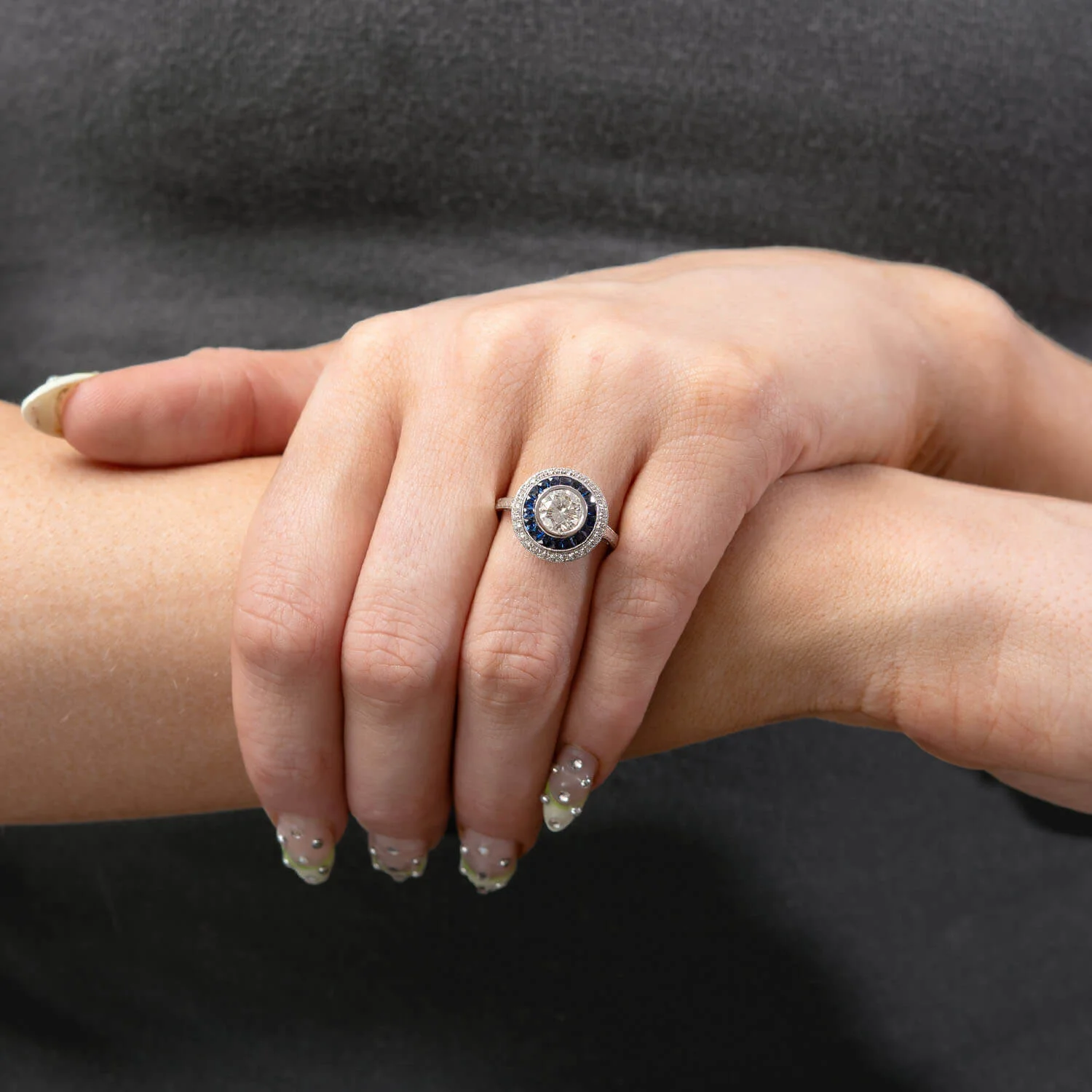 Art Deco 14k Diamond and Sapphire Halo Ring - Image 6