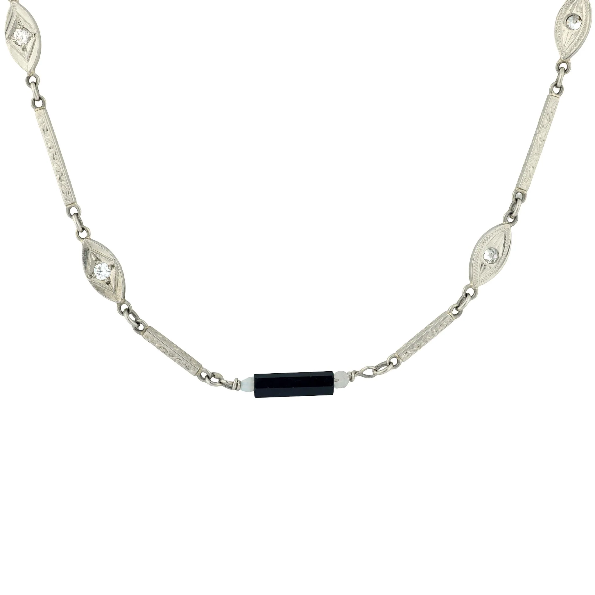 Art Deco 14k Diamond, Onyx, and Agate Chain Necklace - Image 2