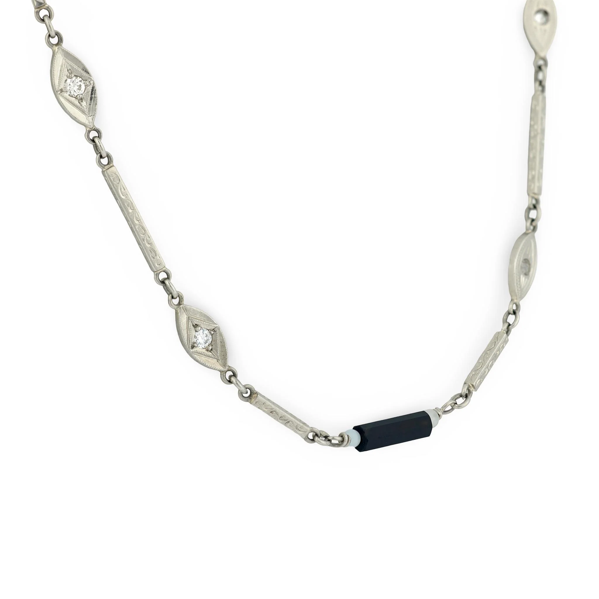 Art Deco 14k Diamond, Onyx, and Agate Chain Necklace - Image 4