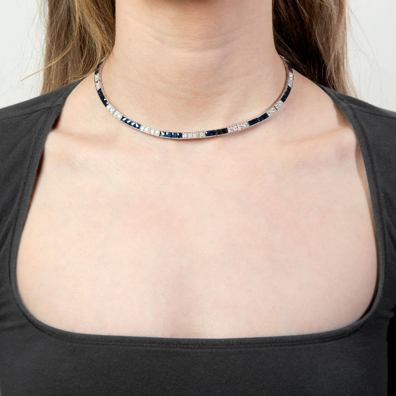 Art Deco 14k Diamond & Sapphire Tennis Necklace - Image 7